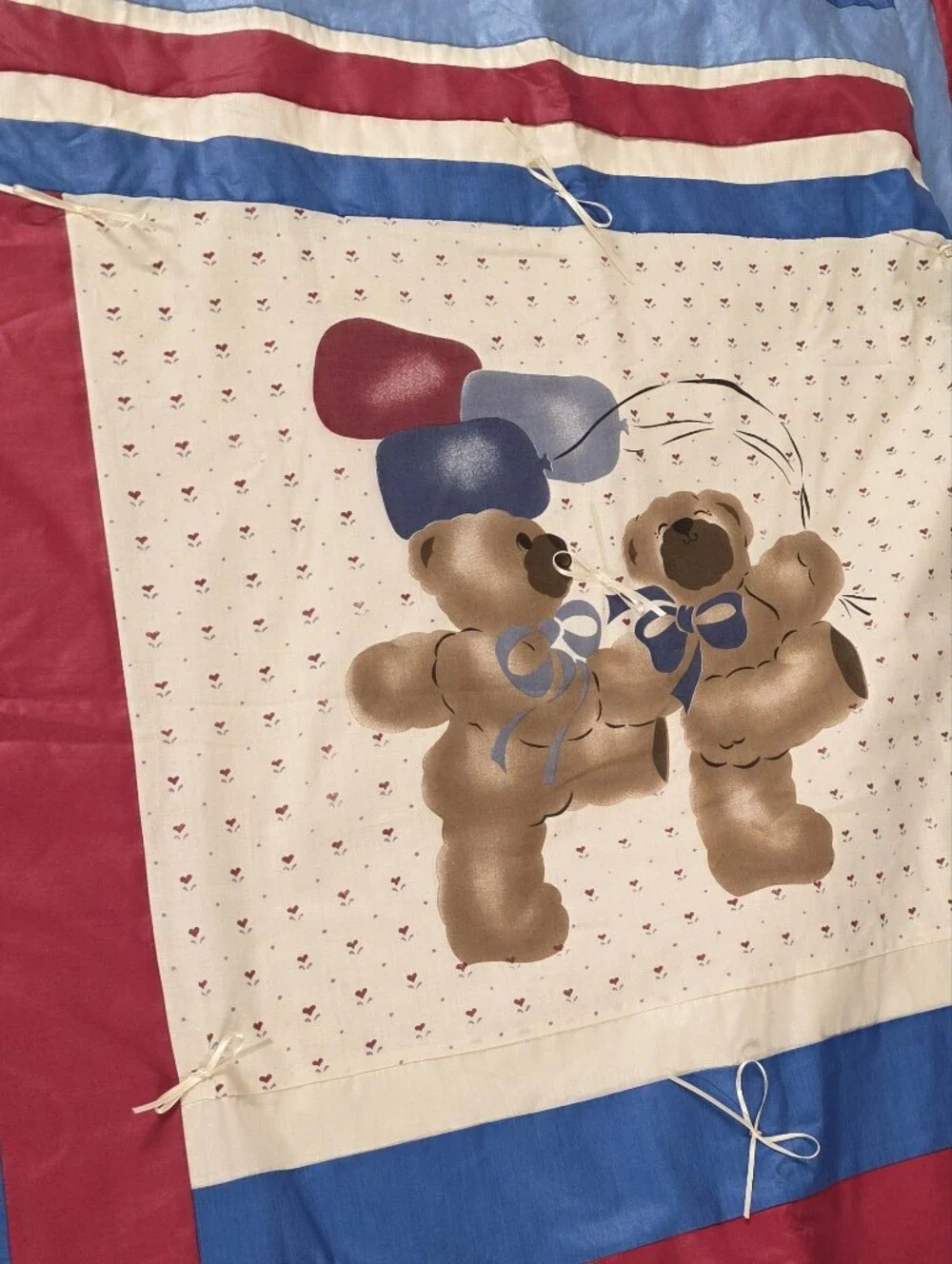 Hand Made Plush Bear Print Baby Blanket in Red, Blue & White